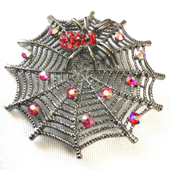 Red Jeweled Spider on Web Brooch Pin  NWOT - Picture 4 of 6
